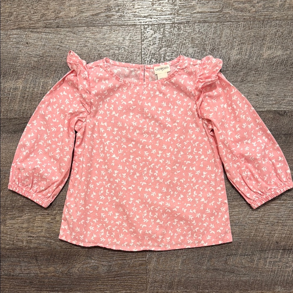 Crewcuts Ruffled Blouse in “Sweet Hibiscus” w/ Floral-Shaped Heart Print